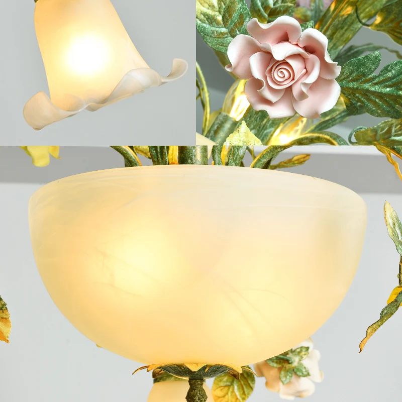 Aardewerk Potted Flower Chandelier Pastoral Living Room Suspension Light Bowl Opal Glass Shade Blue