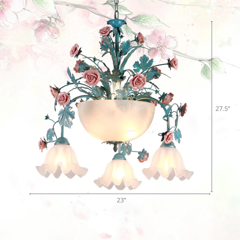 Aardewerk Potted Flower Chandelier Pastoral Living Room Suspension Light Bowl Opal Glass Shade Blue