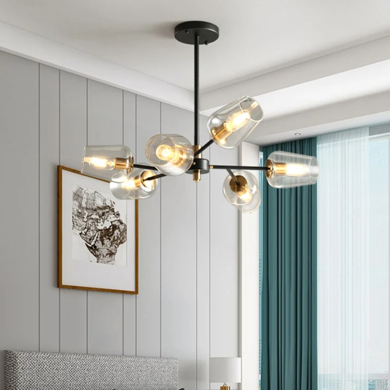 Actueel Cup Shaped Chandelier Lighting Clear/Smoke Gray Glass 6/9 Lights Bedroom Radial Suspension Lamp Black Clear