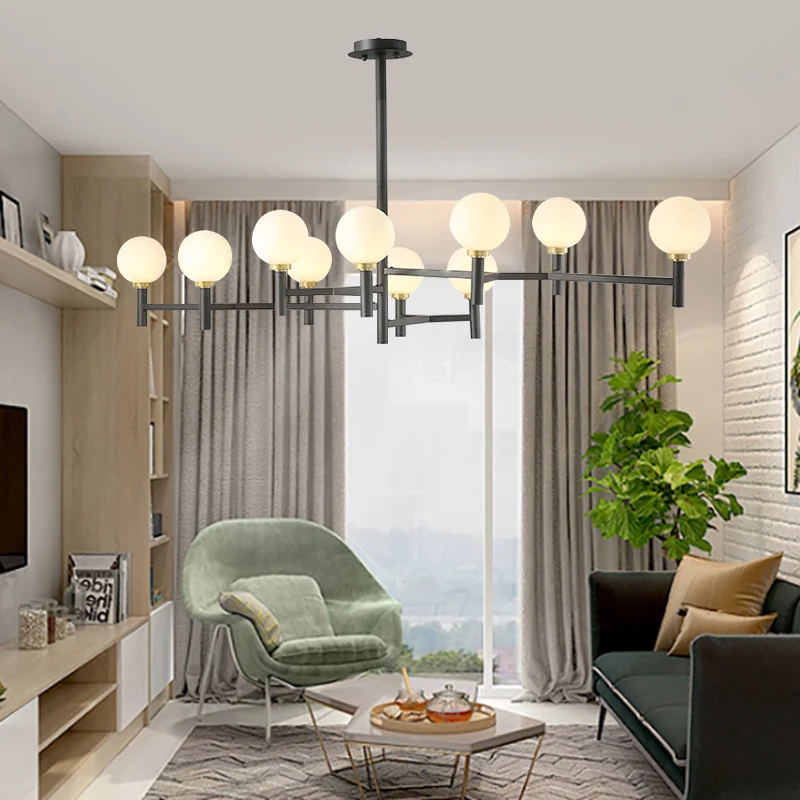 Actueel Orbit Chandelier Pendant White Glass 10-Head Living Room Island Light Black/White/Gold Black