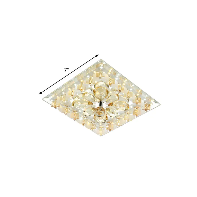 Amber Flower Crystal Square Flush Light Contemporary Hallway LED Close to Ceiling Lighting Warm/White Light Amber