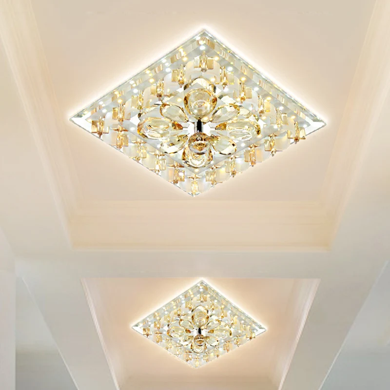 Amber Flower Crystal Square Flush Light Contemporary Hallway LED Close to Ceiling Lighting Warm/White Light Amber