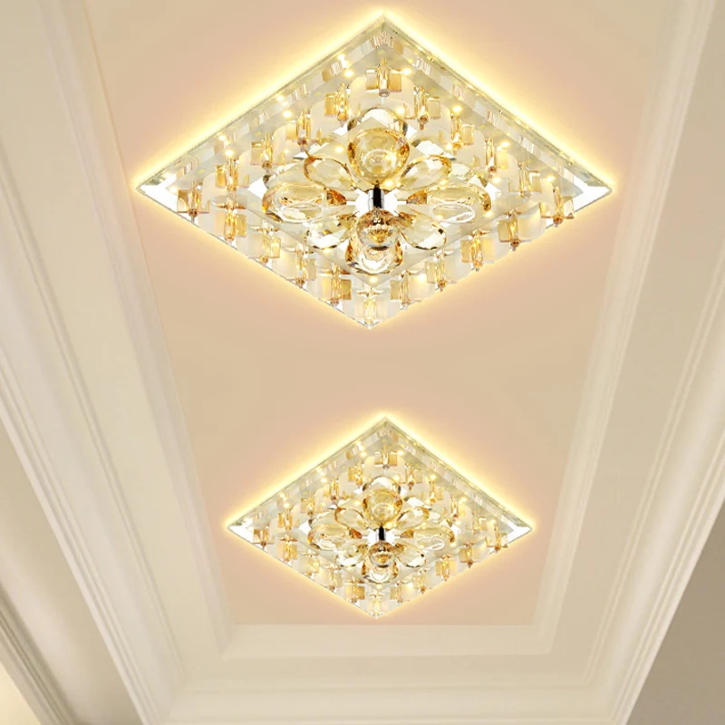 Amber Flower Crystal Square Flush Light Contemporary Hallway LED Close to Ceiling Lighting Warm/White Light Amber