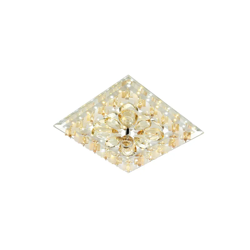 Amber Flower Crystal Square Flush Light Contemporary Hallway LED Close to Ceiling Lighting Warm/White Light Amber