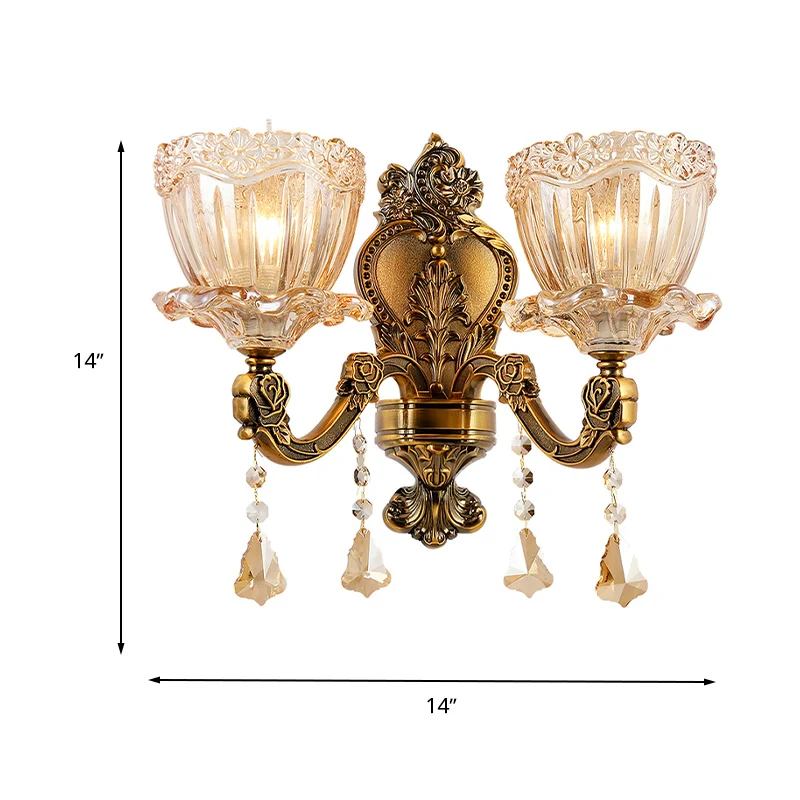 Amber Glass Flower Wall Light Fixture Modern 1/2 Heads Messing Sconce Light K9 Crystal Drop Brass