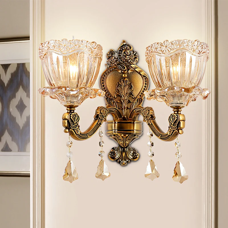 Amber Glass Flower Wall Light Fixture Modern 1/2 Heads Messing Sconce Light K9 Crystal Drop Brass