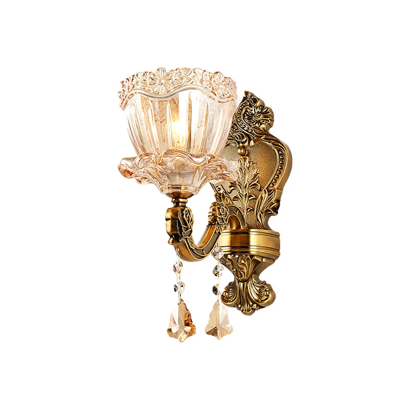 Amber Glass Flower Wall Light Fixture Modern 1/2 Heads Messing Sconce Light K9 Crystal Drop Brass