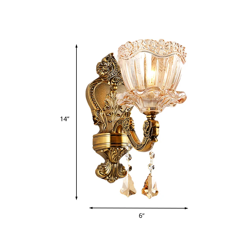 Amber Glass Flower Wall Light Fixture Modern 1/2 Heads Messing Sconce Light K9 Crystal Drop Brass