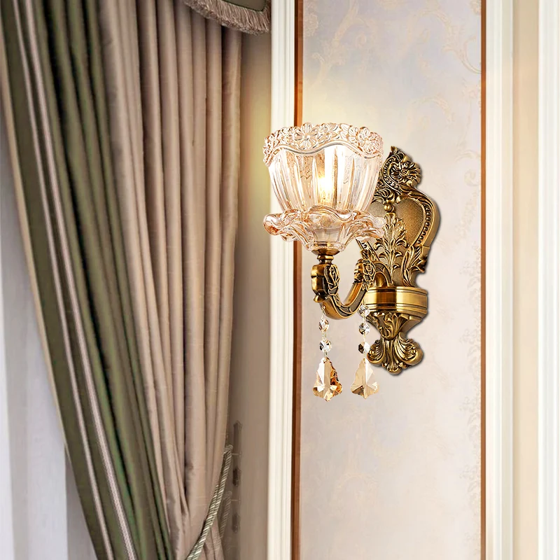Amber Glazen Flower Wall Light Fixture Modern 1/2 Heads Brass Sconce Light K9 Crystal Drop Brass