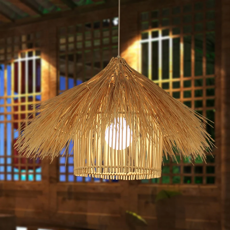 Asian 1 Head Ceiling Light Coffee/Flaxen Handcrafted Pendant Lighting Fixture Bamboevezel Shade Coffee