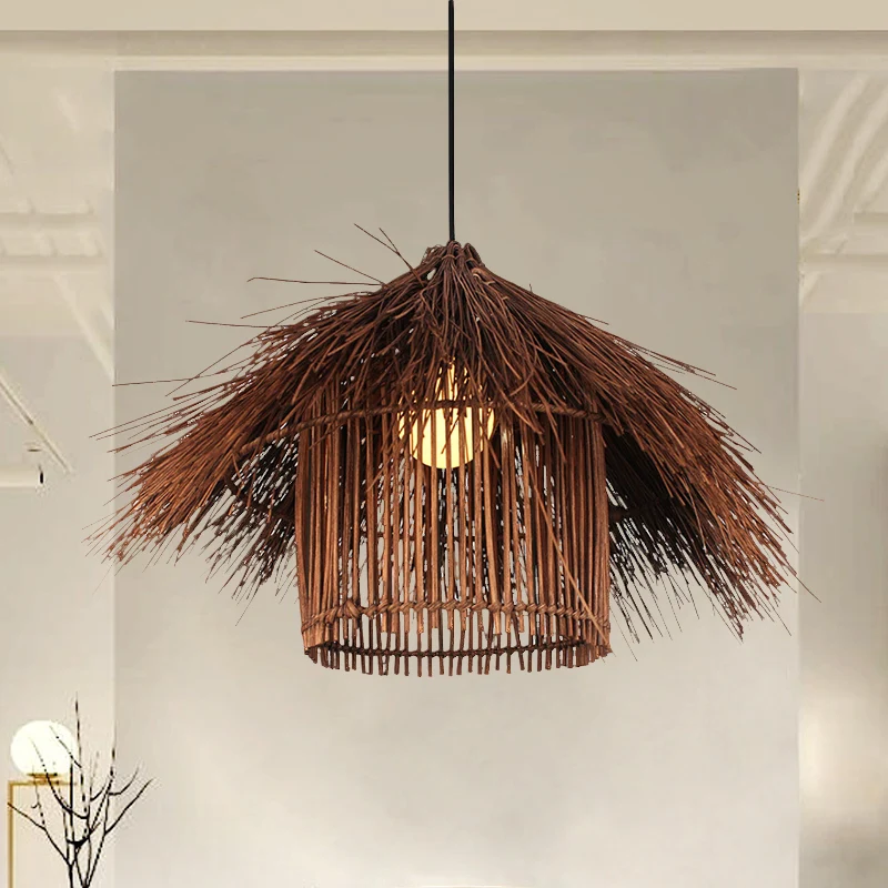 Asian 1 Head Ceiling Light Coffee/Flaxen Handcrafted Pendant Lighting Fixture Bamboevezel Shade Coffee