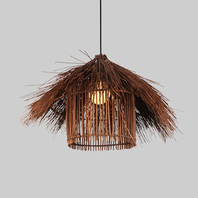 Asian 1 Head Ceiling Light Coffee/Flaxen Handcrafted Pendant Lighting Fixture Bamboevezel Shade Coffee