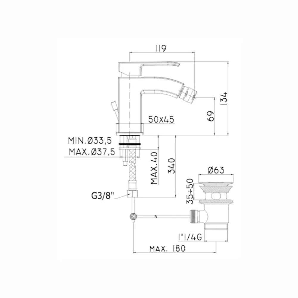Bidet mixer click-clack drain Level series code LES131KCR Verchroomd Paffoni