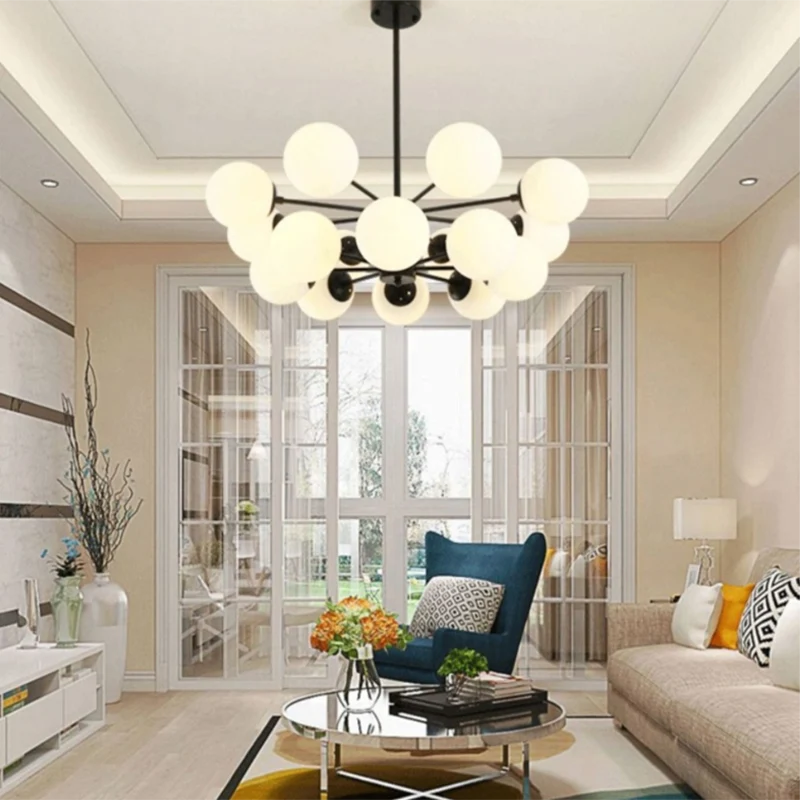 Black Metal Hanging Chandelier Light Modern Opal Glaswerk Shade Ceiling Chandelier Living Room Black