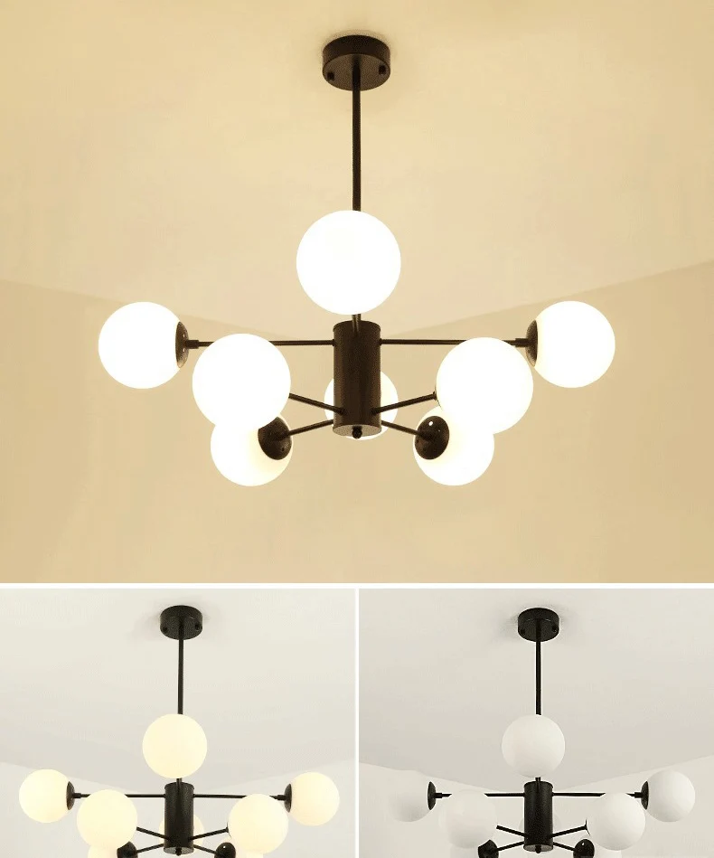Black Metal Hanging Chandelier Light Modern Opal Glaswerk Shade Ceiling Chandelier Living Room Black