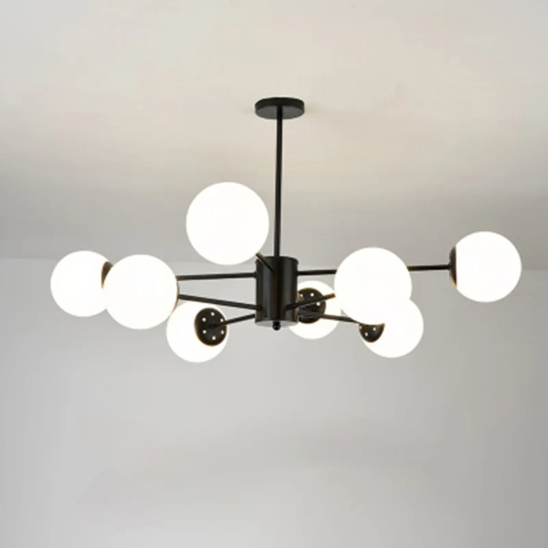 Black Metal Hanging Chandelier Light Modern Opal Glaswerk Shade Ceiling Chandelier Living Room Black