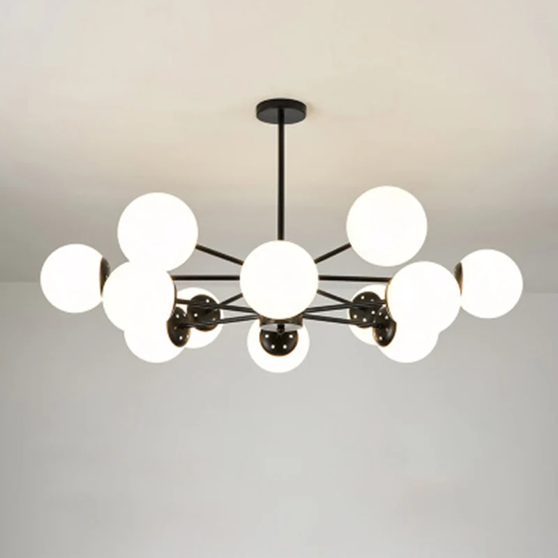 Black Metal Hanging Chandelier Light Modern Opal Glaswerk Shade Ceiling Chandelier Living Room Black