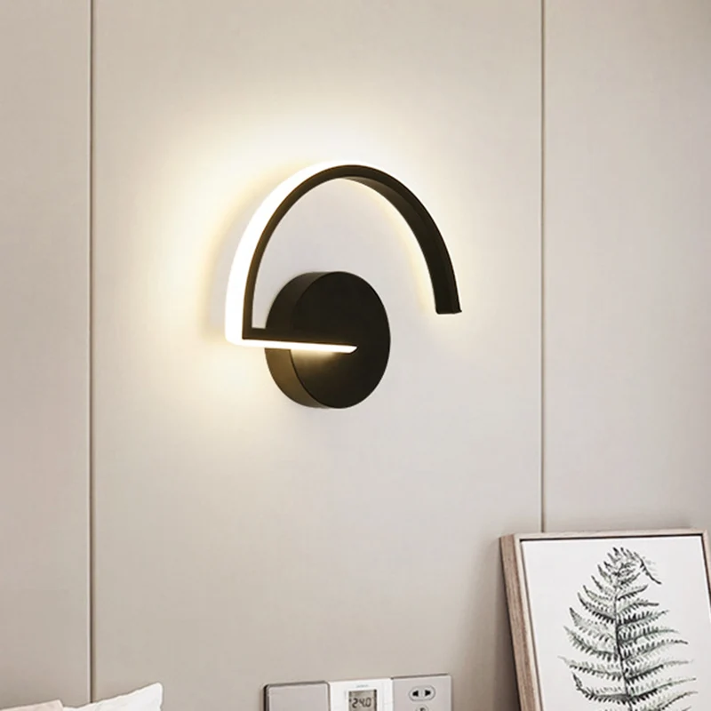 Black Semicircle Wall Light Strak LED Iron Wall Mount Sconce Bedroom Warm/White Light Black