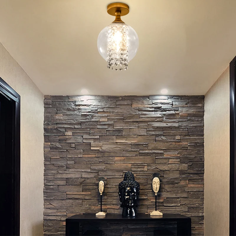 1 bol/cilinder semi-inbouwlamp Moderne plafondlamp van glas en metaal met kristallen kraalaccent messing afwerking