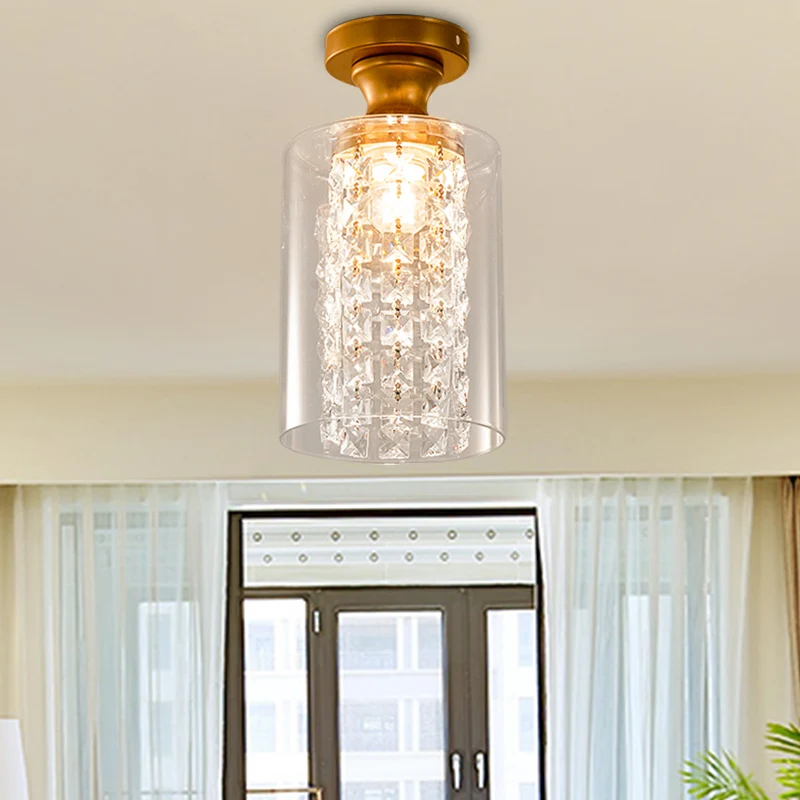 1 bol/cilinder semi-inbouwlamp Moderne plafondlamp van glas en metaal met kristallen kraalaccent messing afwerking