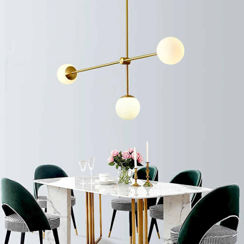 Brass Finish Line Art Chandelier Minimalistic Metalen Ceiling Light Ball Ivory Glass Shade Brass