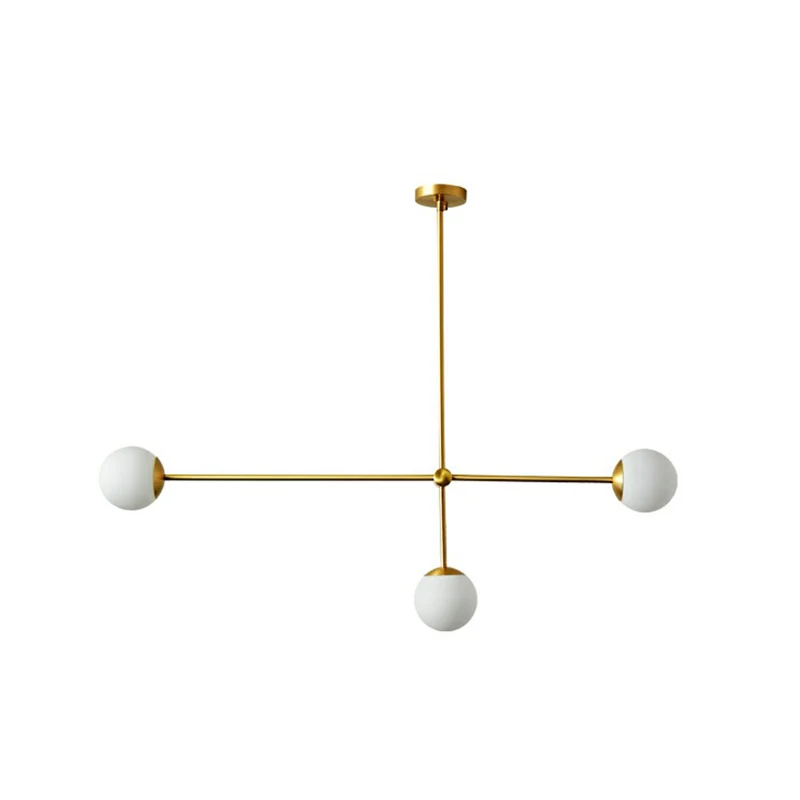 Brass Finish Line Art Chandelier Minimalistic Metalen Ceiling Light Ball Ivory Glass Shade Brass