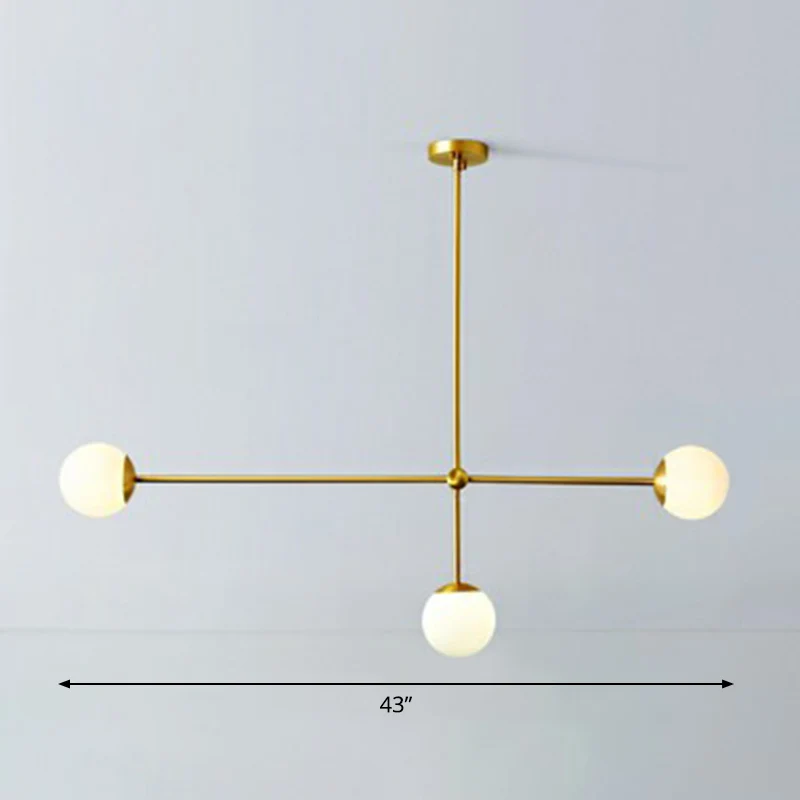 Brass Finish Line Art Chandelier Minimalistic Metalen Ceiling Light Ball Ivory Glass Shade Brass