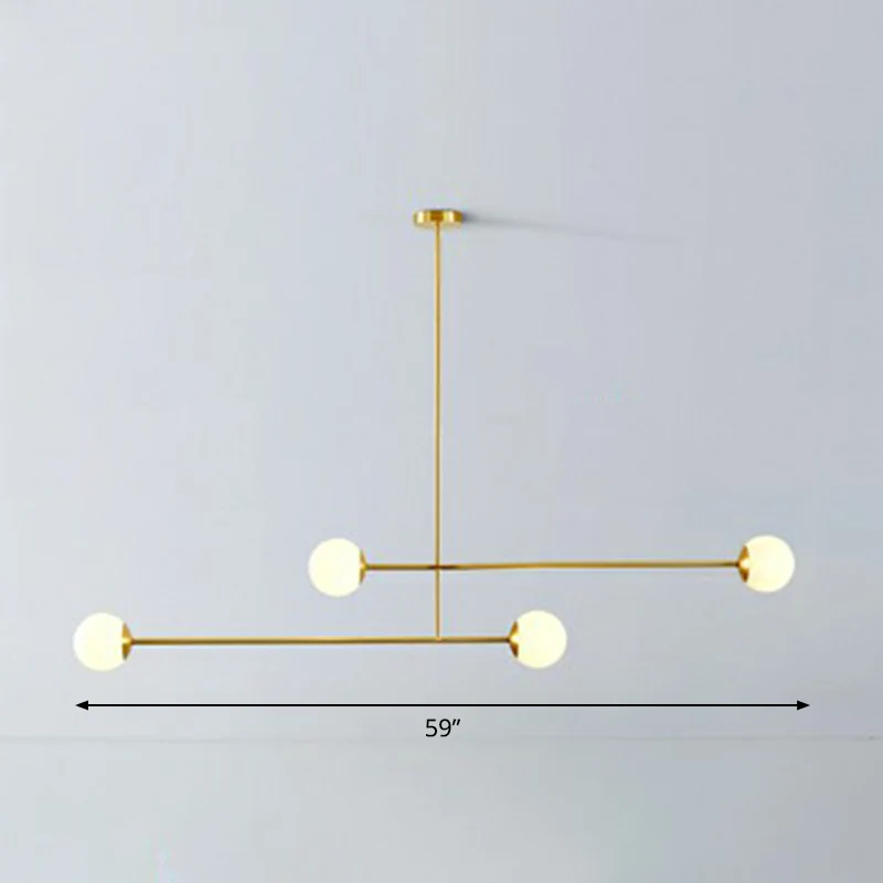 Brass Finish Line Art Chandelier Minimalistic Metaal Ceiling Light Ball Ivory Glass Shade Brass
