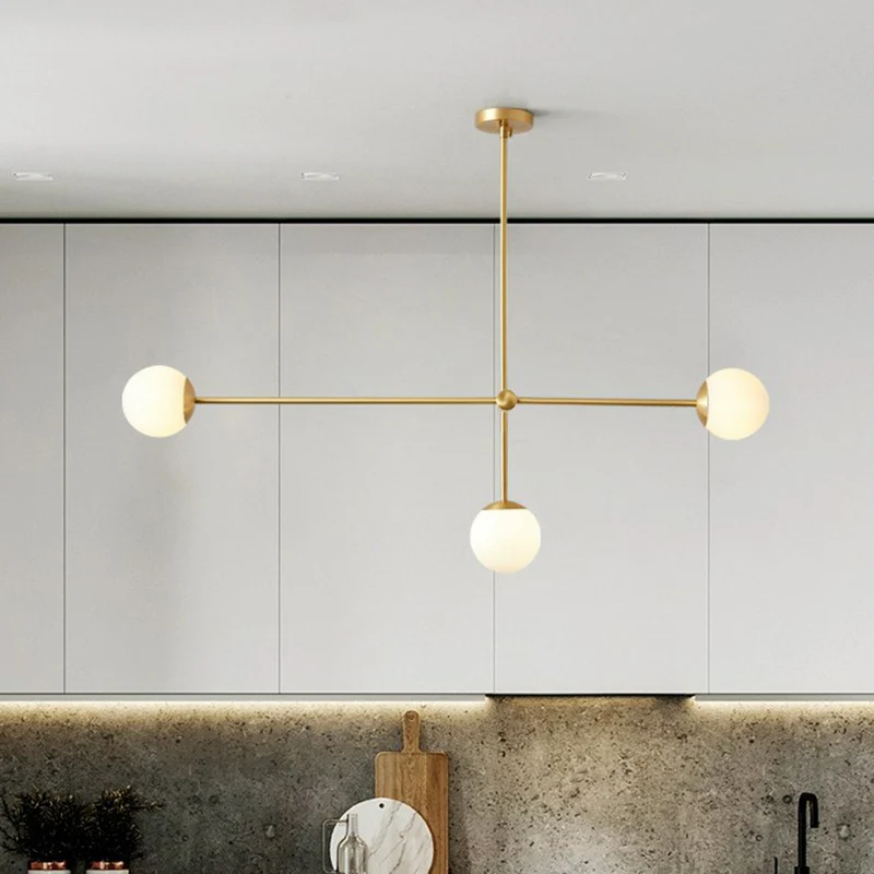 Brass Finish Line Art Chandelier Minimalistic Metaal Ceiling Light Ball Ivory Glass Shade Brass