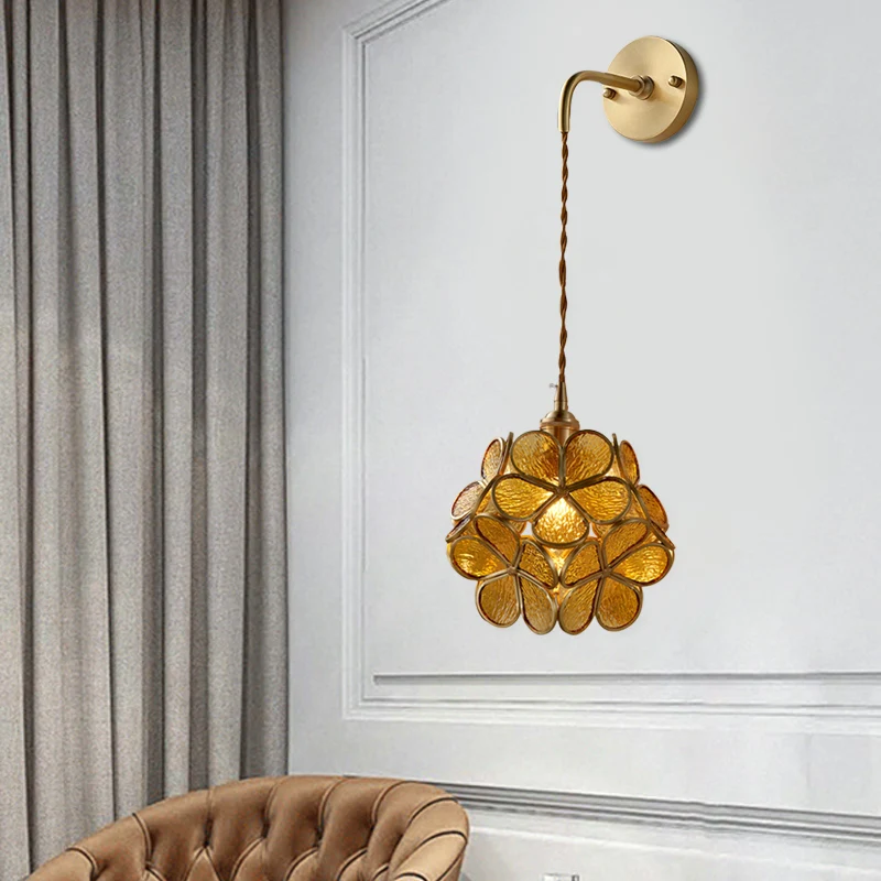 1 Bulb Bedroom Sconce Lamp Tradition Wall Lighting Fixture Flower White/Pink/Blue Glazen Shade Tan
