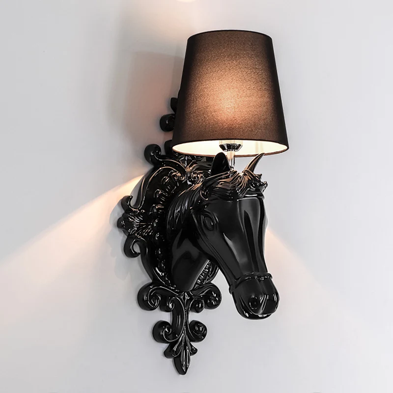 1 Bulb Horse Sconce Lamp Gevestigd Black/White Resin Wall Mounted Light Cone Fabric Shade Black