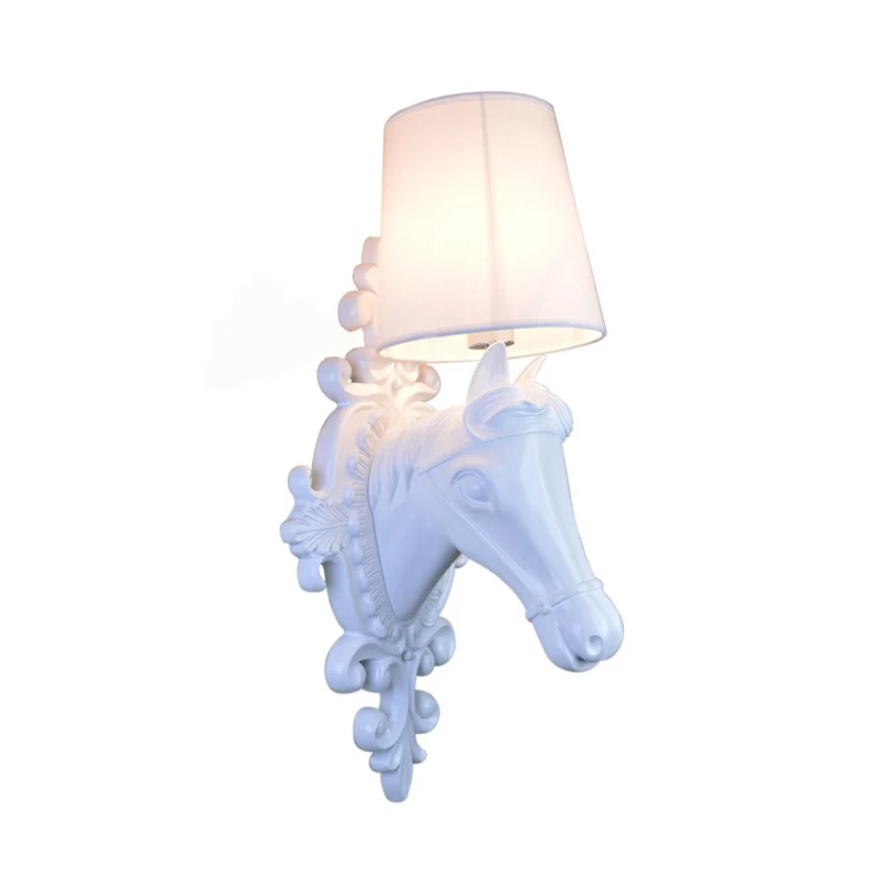 1 Bulb Horse Sconce Lamp Gevestigd Black/White Resin Wall Mounted Light Cone Fabric Shade Black