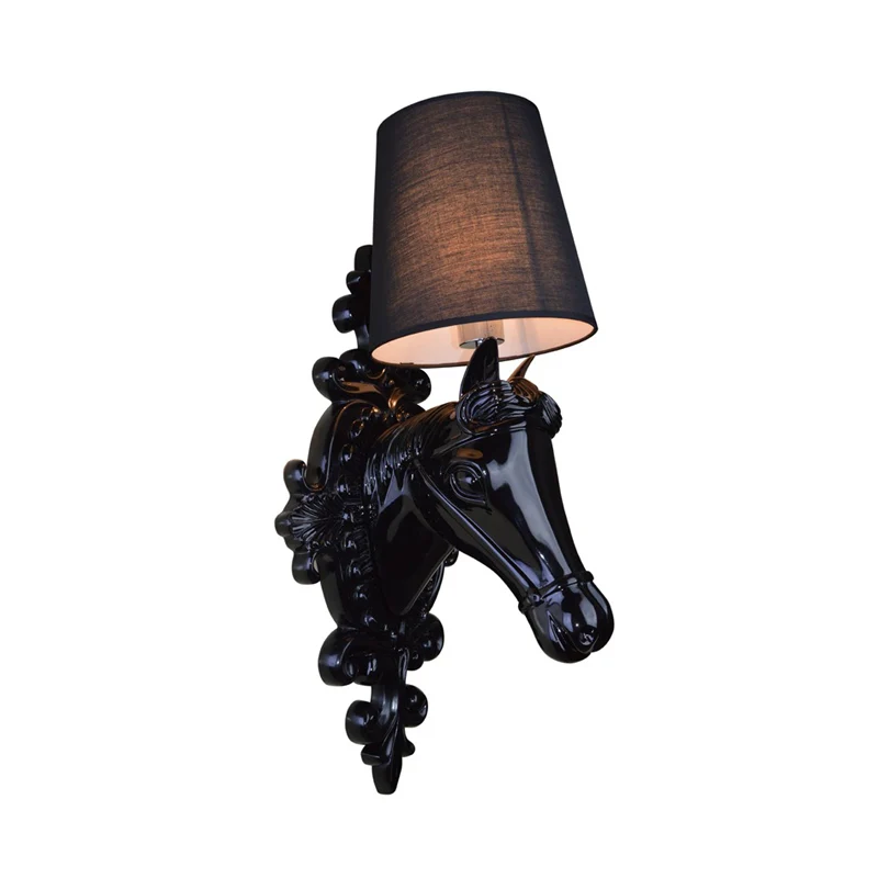 1 Bulb Horse Sconce Lamp Gevestigd Black/White Resin Wall Mounted Light Cone Fabric Shade Black