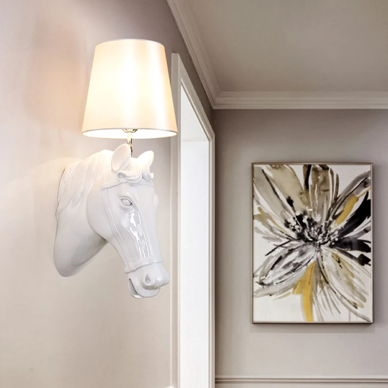 1 Bulb Horse Sconce Lamp Gevestigd Black/White Resin Wall Mounted Light Cone Fabric Shade Black