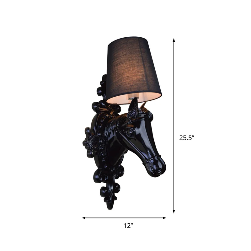 1 Bulb Horse Sconce Lamp Timeproof Black/White Resin Wall Mounted Light Cone Fabric Shade Black