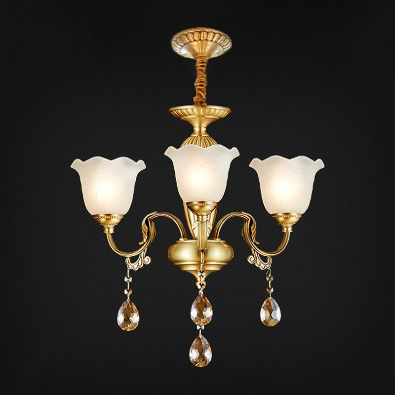 3/5 Bulbs Scrolls Hanging Lamp Traditional Gold Crystal Floral Shade Chandelier Helder Glass Drops Gold