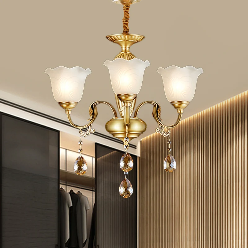 3/5 Bulbs Scrolls Hanging Lamp Traditional Gold Crystal Floral Shade Chandelier Helder Glass Drops Gold