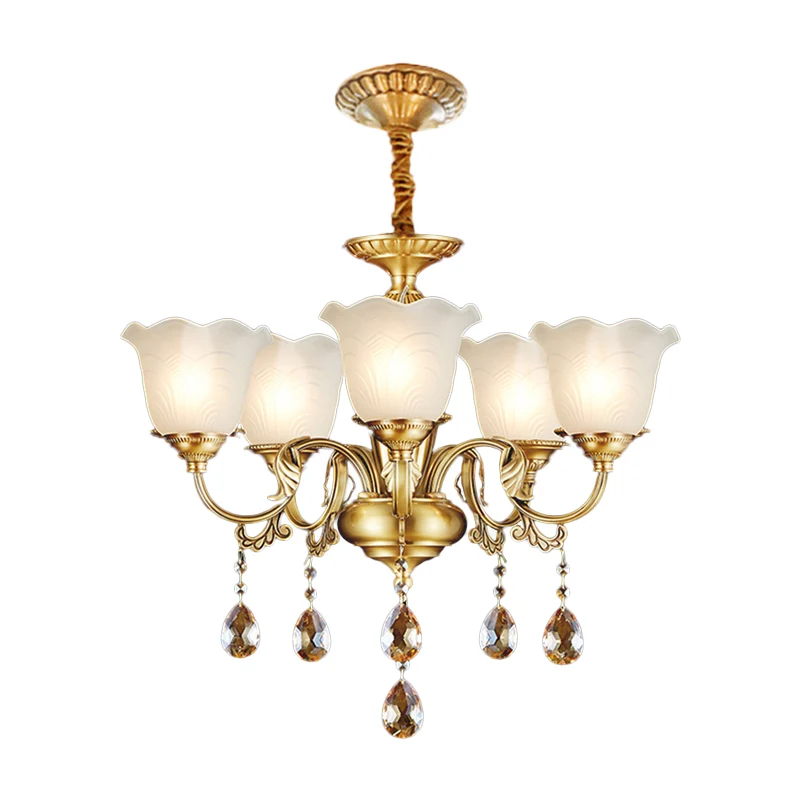 3/5 Bulbs Scrolls Hanging Lamp Traditional Gold Crystal Floral Shade Chandelier Helder Glass Drops Gold