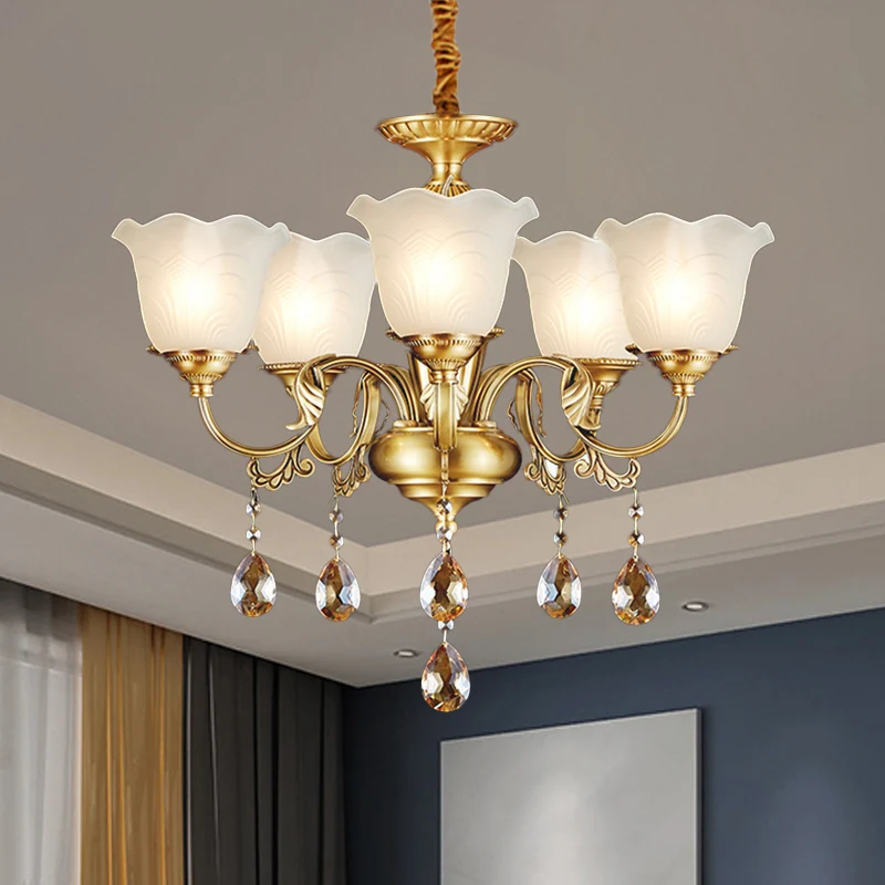 3/5 Bulbs Scrolls Hanging Lamp Traditional Gold Crystal Floral Shade Chandelier Helder Glass Drops Gold