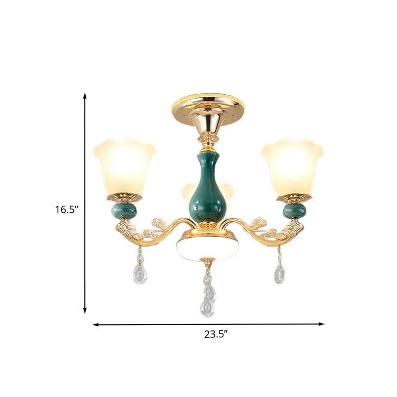 3/6 Bulbs Up Suspension Lamp Classic Flower Opal Glass Pendant Chandelier Scrolled Arm Olijfgroen Living Room Green