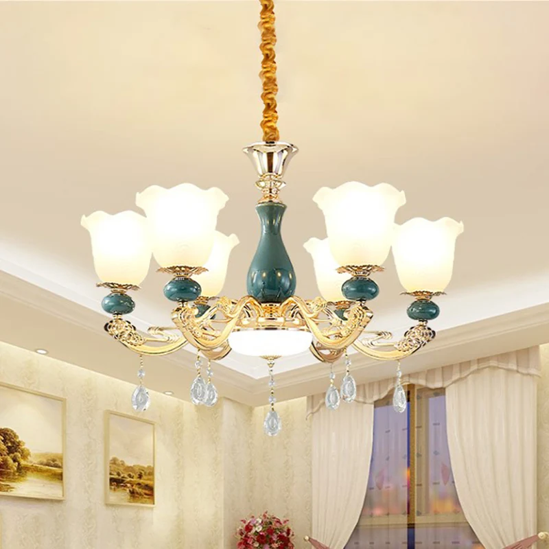 3/6 Bulbs Up Suspension Lamp Traditioneel Flower Opal Glass Pendant Chandelier Scrolled Arm Green Living Room Green