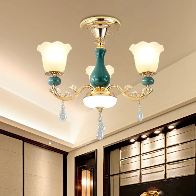 3/6 Bulbs Up Suspension Lamp Traditioneel Flower Opal Glass Pendant Chandelier Scrolled Arm Green Living Room Green