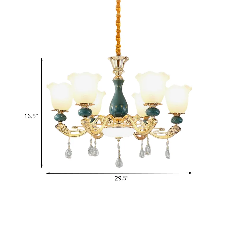 3/6 Bulbs Up Suspension Lamp Traditioneel Flower Opal Glass Pendant Chandelier Scrolled Arm Green Living Room Green