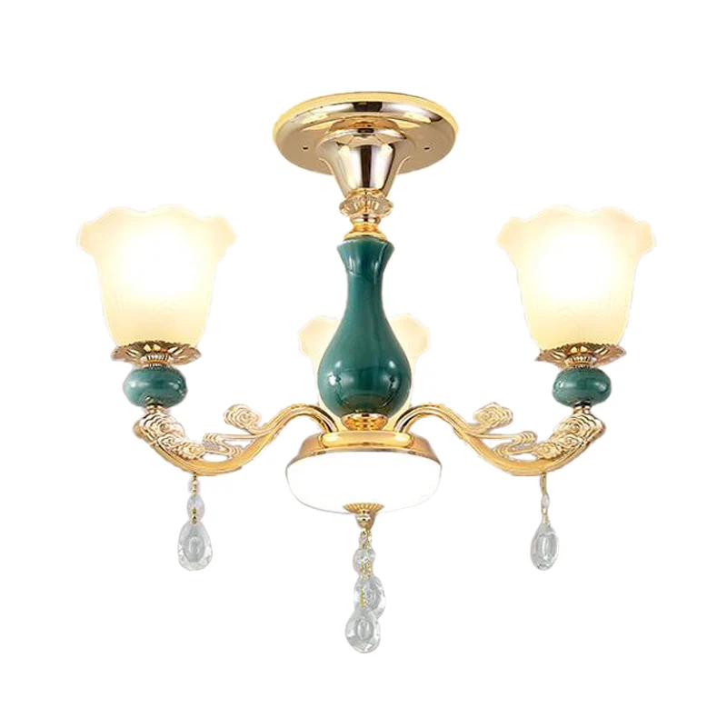 3/6 Bulbs Up Suspension Lamp Traditioneel Flower Opal Glass Pendant Chandelier Scrolled Arm Green Living Room Green