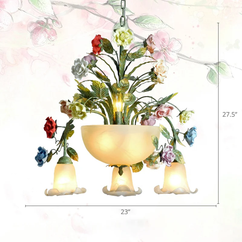 Ceramic Potted Flower Chandelier Pastoral Living Room Suspension Light Bowl Opal Glaswerk Shade Blue