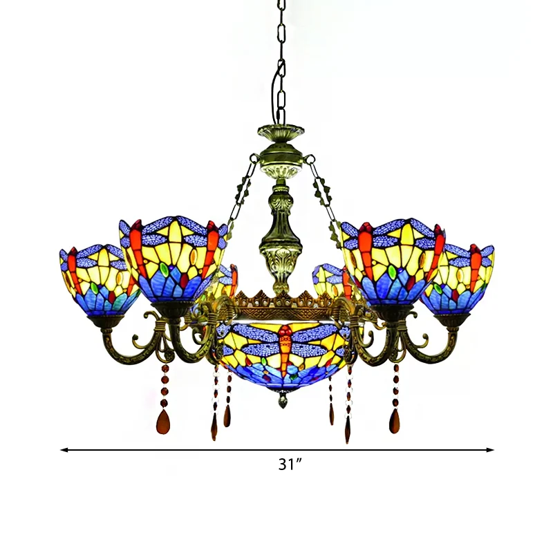 Chandeliers Living Room, Dragonfly Pendant Ceiling Lamp Stained Glaswerk Shade and Amber Crystal Decoration Blue