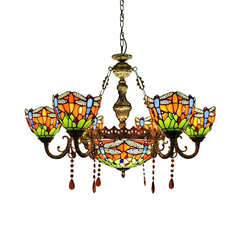 Chandeliers Living Room, Dragonfly Pendant Ceiling Lamp Stained Glaswerk Shade and Amber Crystal Decoration Blue