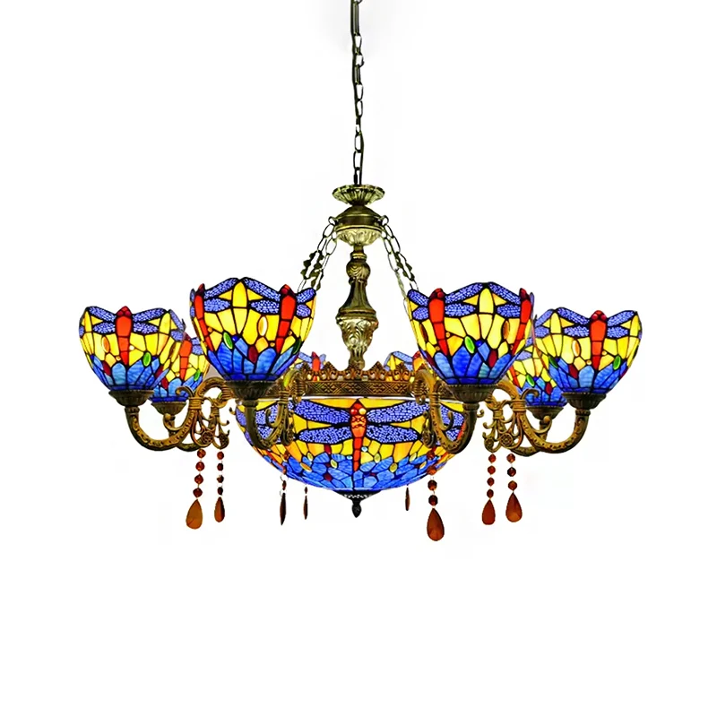 Chandeliers Living Room, Dragonfly Pendant Ceiling Lamp Stained Glazen Shade and Amber Crystal Decoration Blue