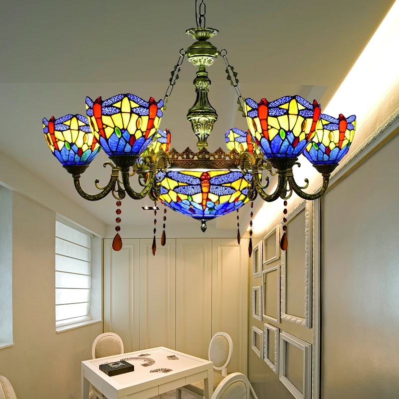 Chandeliers Living Room, Dragonfly Pendant Ceiling Lamp Stained Glazen Shade and Amber Crystal Decoration Blue