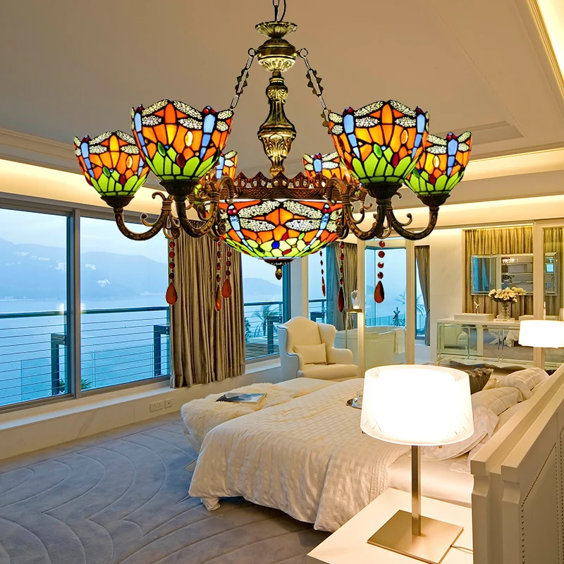 Chandeliers Living Room, Dragonfly Pendant Ceiling Lamp Stained Glazen Shade and Amber Crystal Decoration Blue